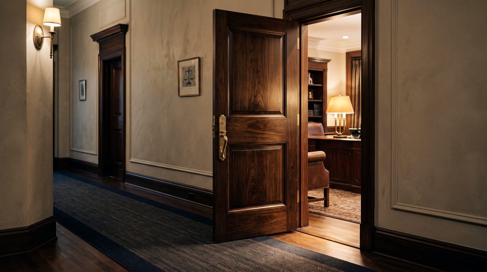 A welcoming law office door ajar with warm light spilling into the hallway