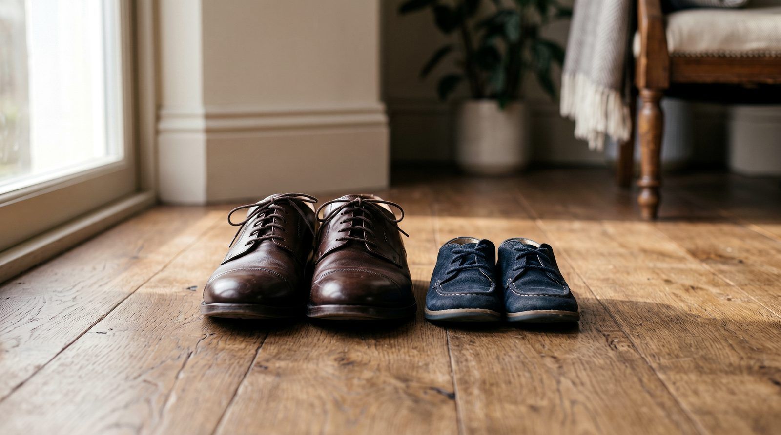 A child's shoes beside adult shoes on a warm wood floor in morning light