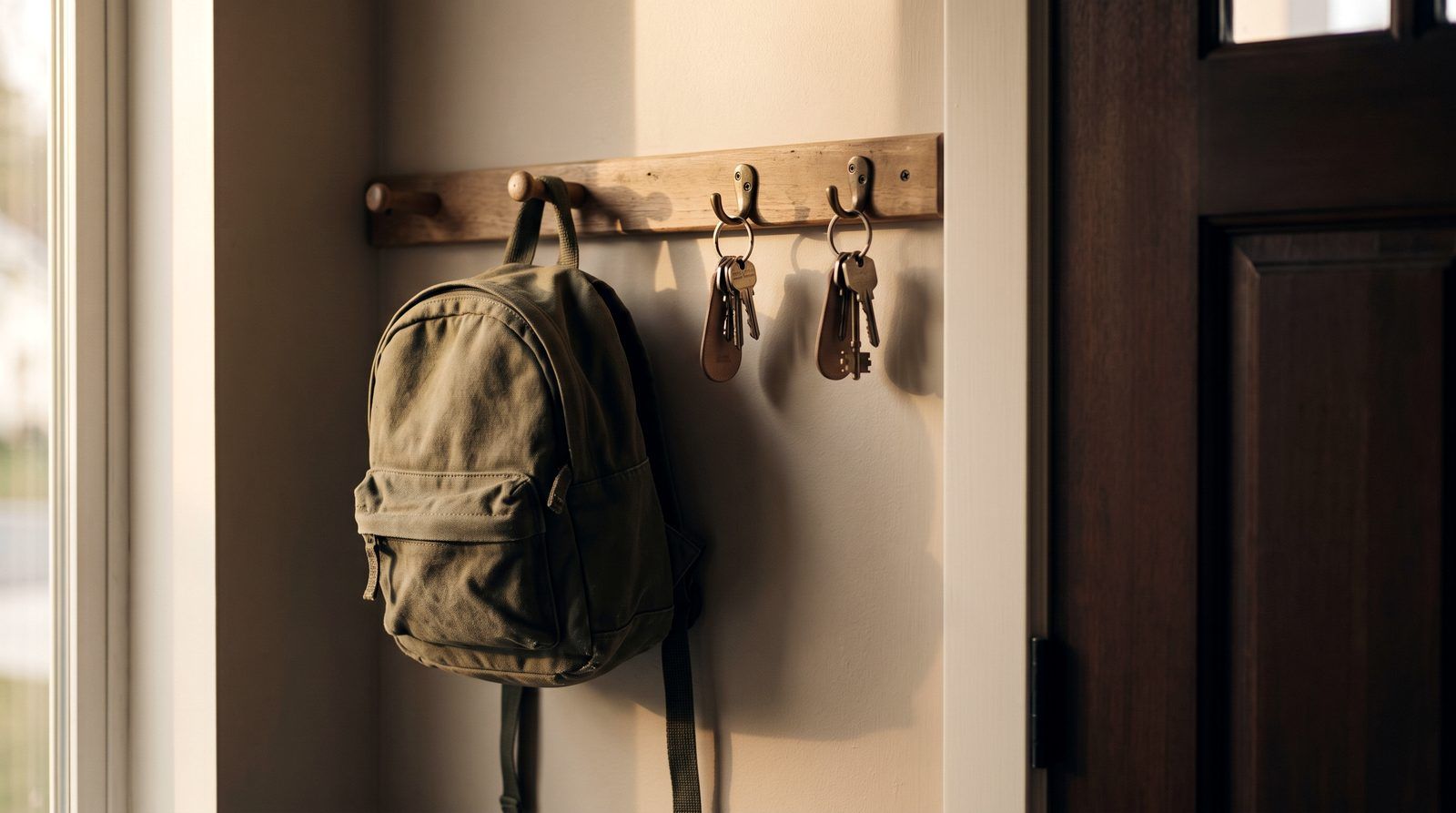 A child's backpack and house keys on hooks by a front door