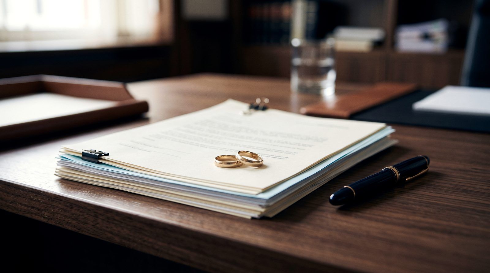 Two wedding bands resting on legal documents beside a fountain pen