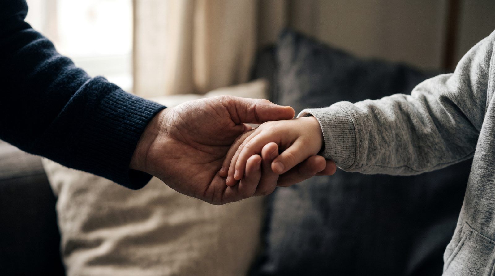 An adult hand gently holding a child's hand