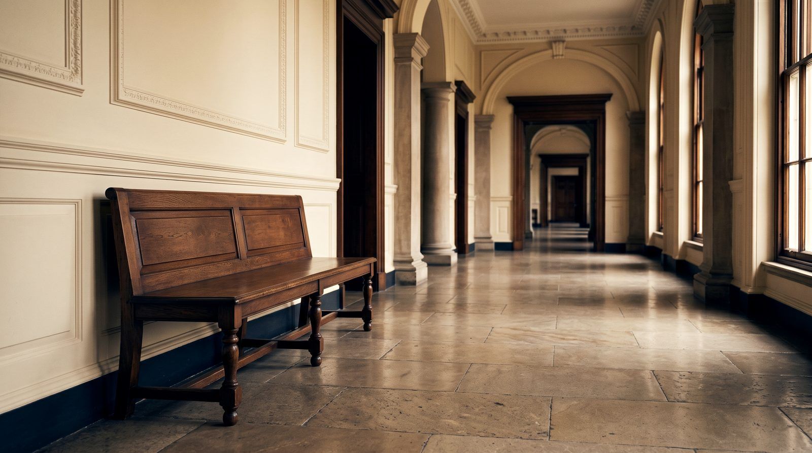 An empty wooden bench in a quiet courthouse corridor