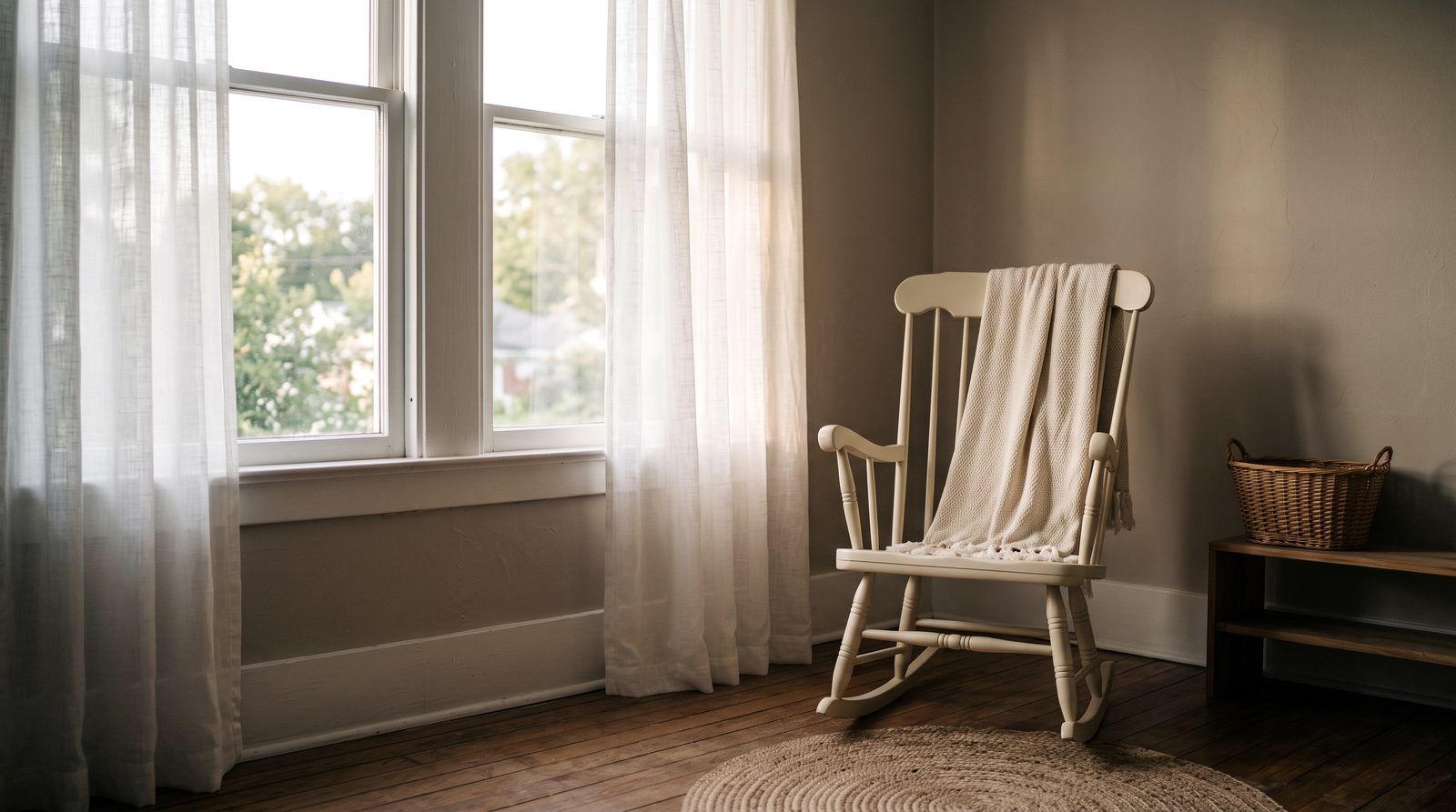 Morning sunlight through sheer curtains in a quiet nursery corner