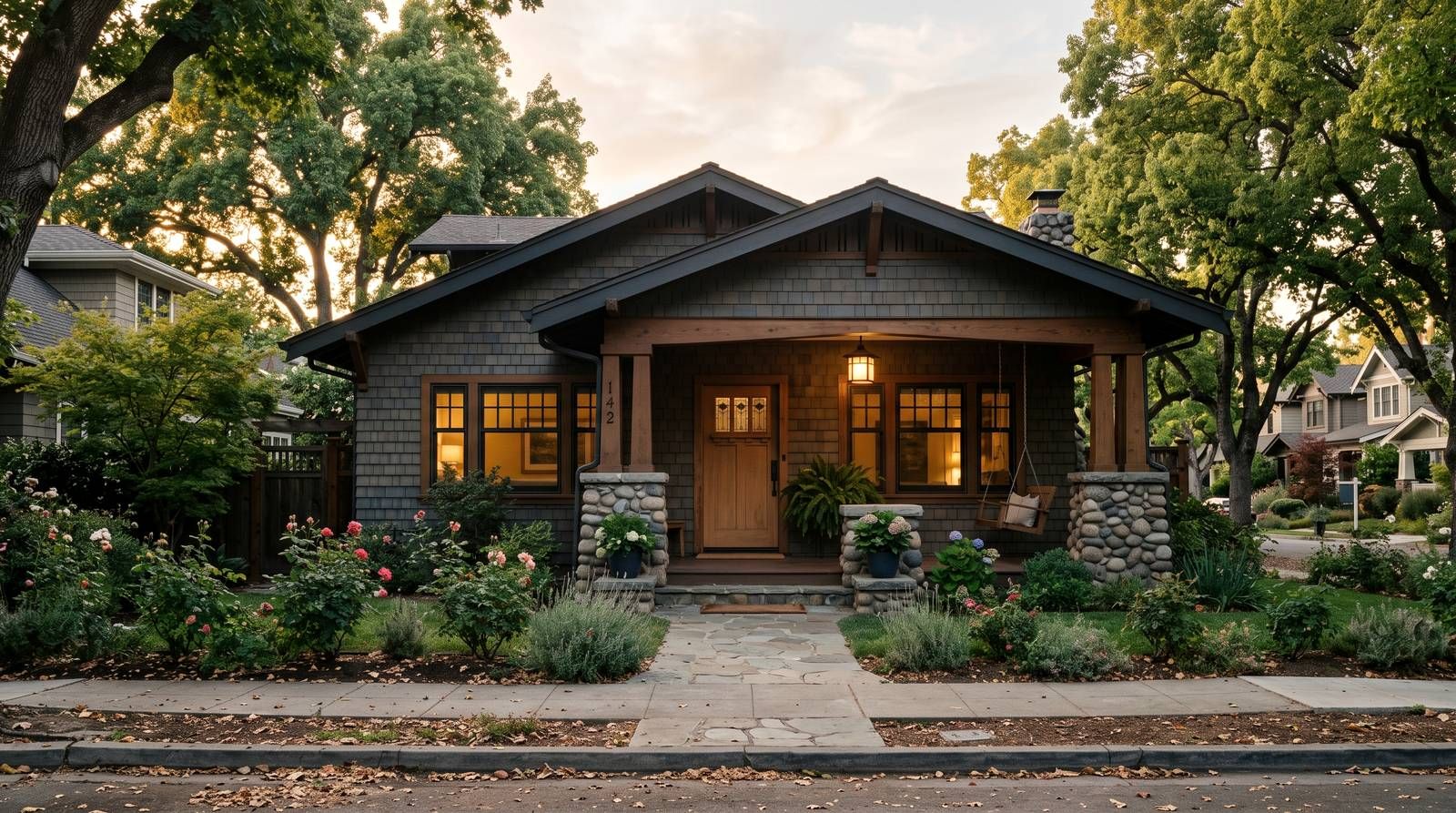A Craftsman family home at golden hour on a tree-lined street