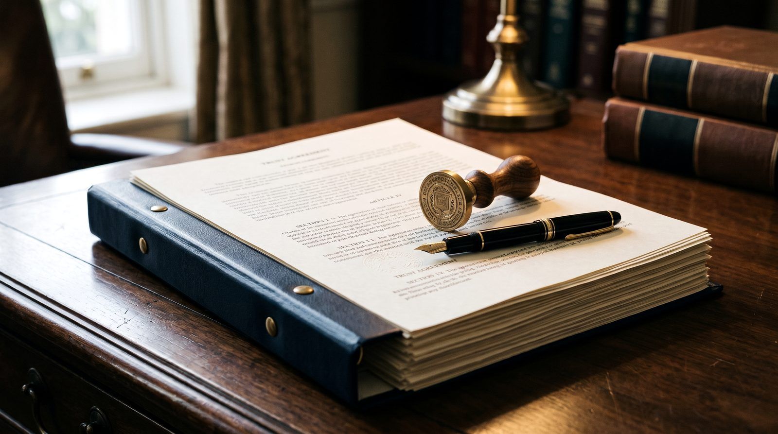 A fountain pen and brass seal on estate planning documents